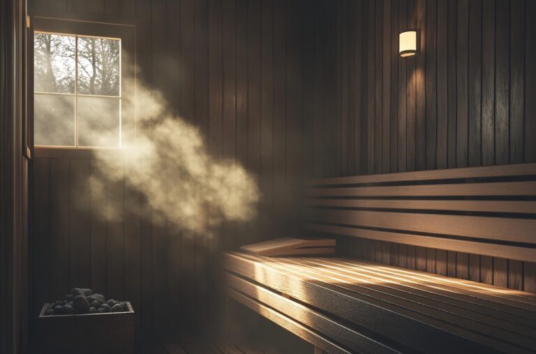 Hämärä sauna, jonne aurinko paistaa sisälle