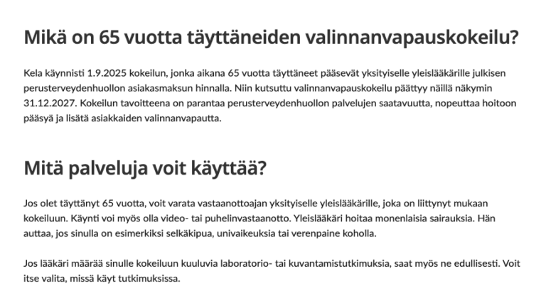 Kelan valinnanvapauskokeilua kuvaileva teksi